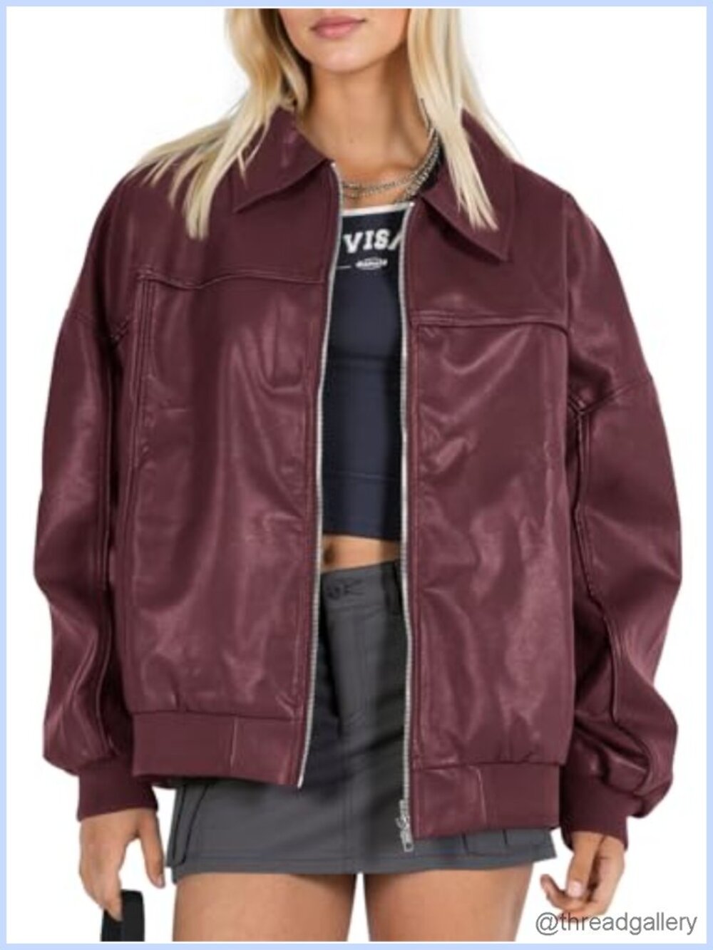 Faux Leather Jacket Oversized Bomber Motor Biker Coat Long Sleeve Zip
